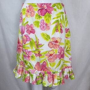 Dress Barn Floral SKIRT Womens Size 10 Pink Orange Green Flowers Pleated Hem Zip